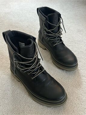 Sorel Lennox Street Black Leather Lace-Up Winter Boots with Sage Sole